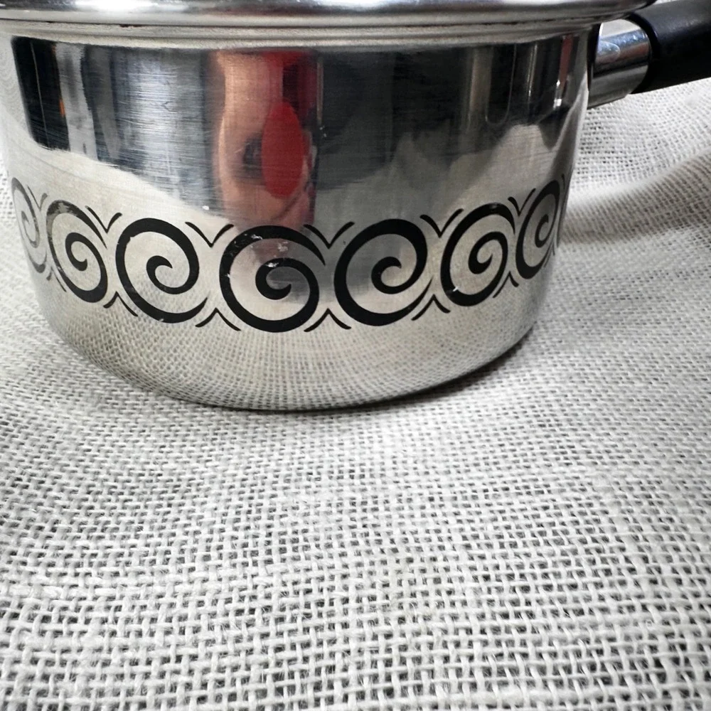 Vintage EKCO 1.5 Qt Saucepan with Lid Black Scroll Stainless Steel MCM Retro